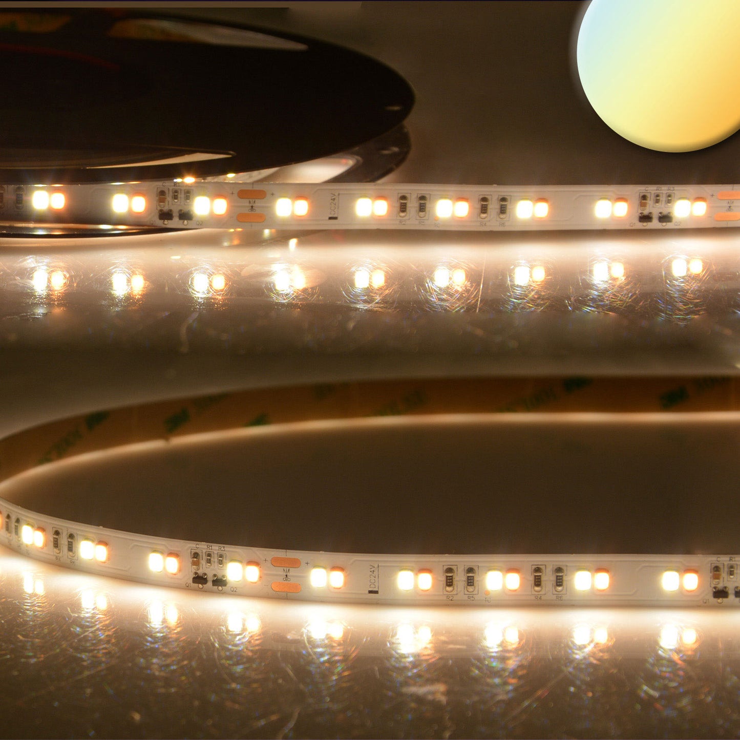 LED CRI90 SUNSET Dimm-to-warm (via PWM) Flexband, 24V DC, 14W, IP20, 1800-3000K, 5m Rolle, 60 LED/m - Lumimatic